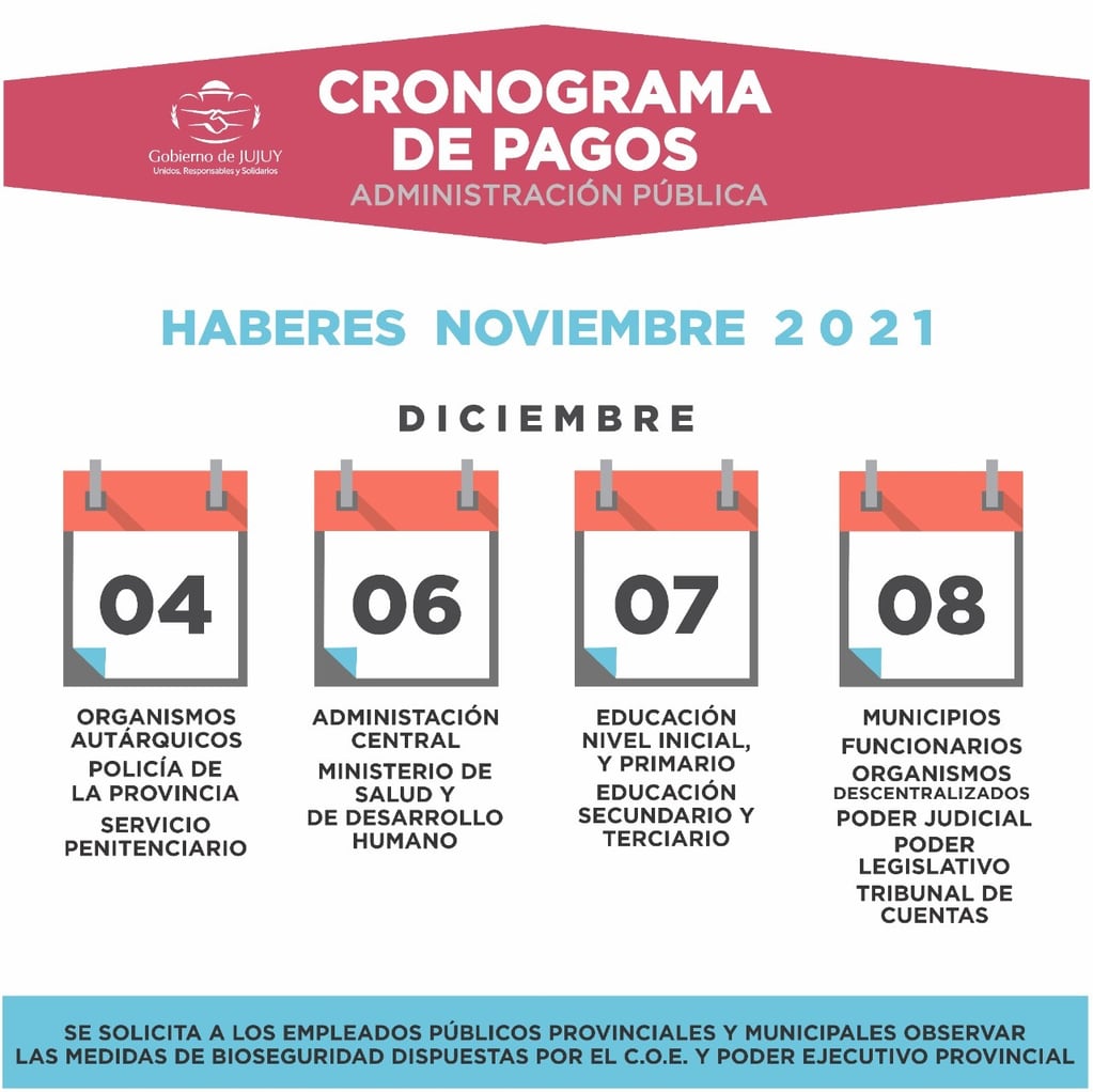 El cronograma de pago de los haberes de noviembre para los trabajadores estatales de Jujuy, distribuido por el Ministerio de Hacienda.