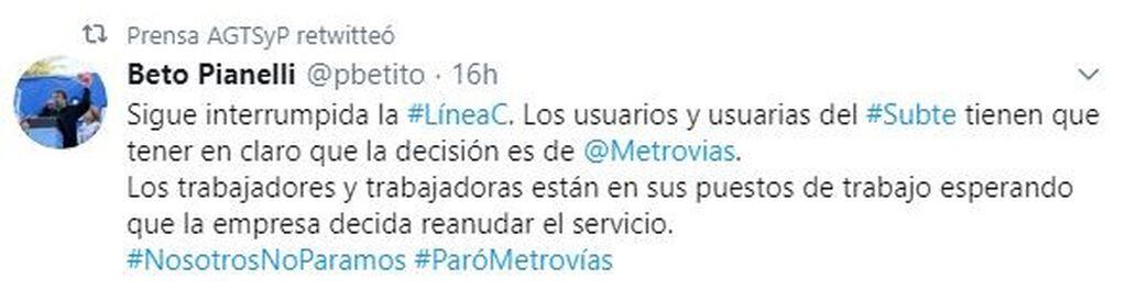 El reclamo del sindicato de trabajadores de subte a Metrovías. (Twitter)