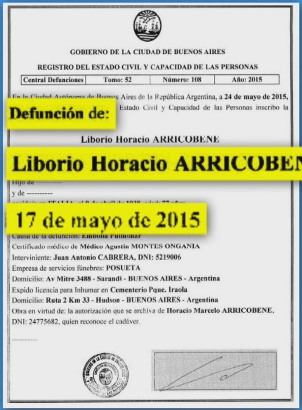 Certificado de defución del doctor Arricobene (Captura Eltrece)