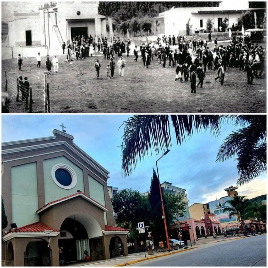 Arriba: primera Capilla del pueblo en 1915. Abajo: la actual Iglesia Nuestra Señora del Carmen en 2020. (Foto antigua: gentileza Eldor Bertorello).