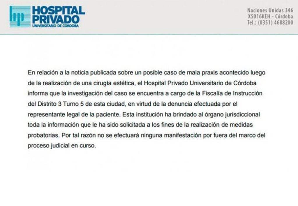 Comunicado oficial del Hospital Privado ante la denuncia de Mala Praxis