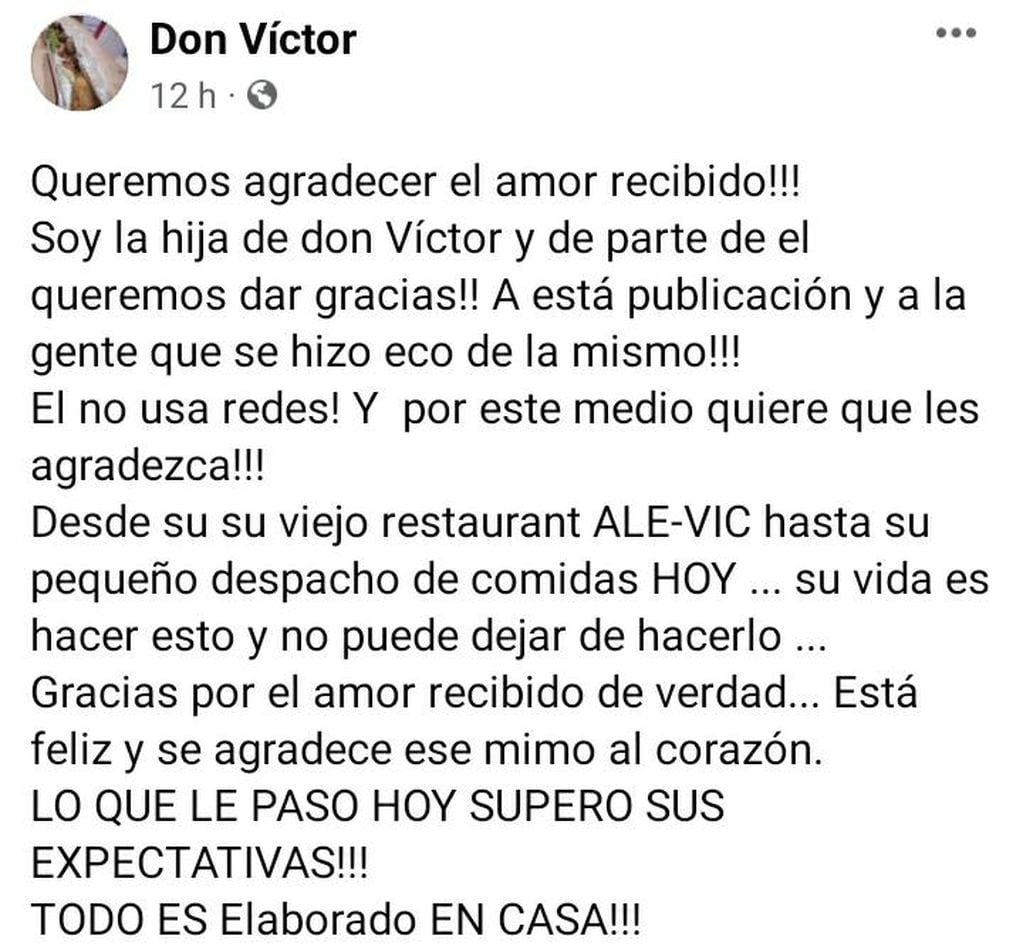 El agradecimiento de Don Víctor en redes por parte de su hija