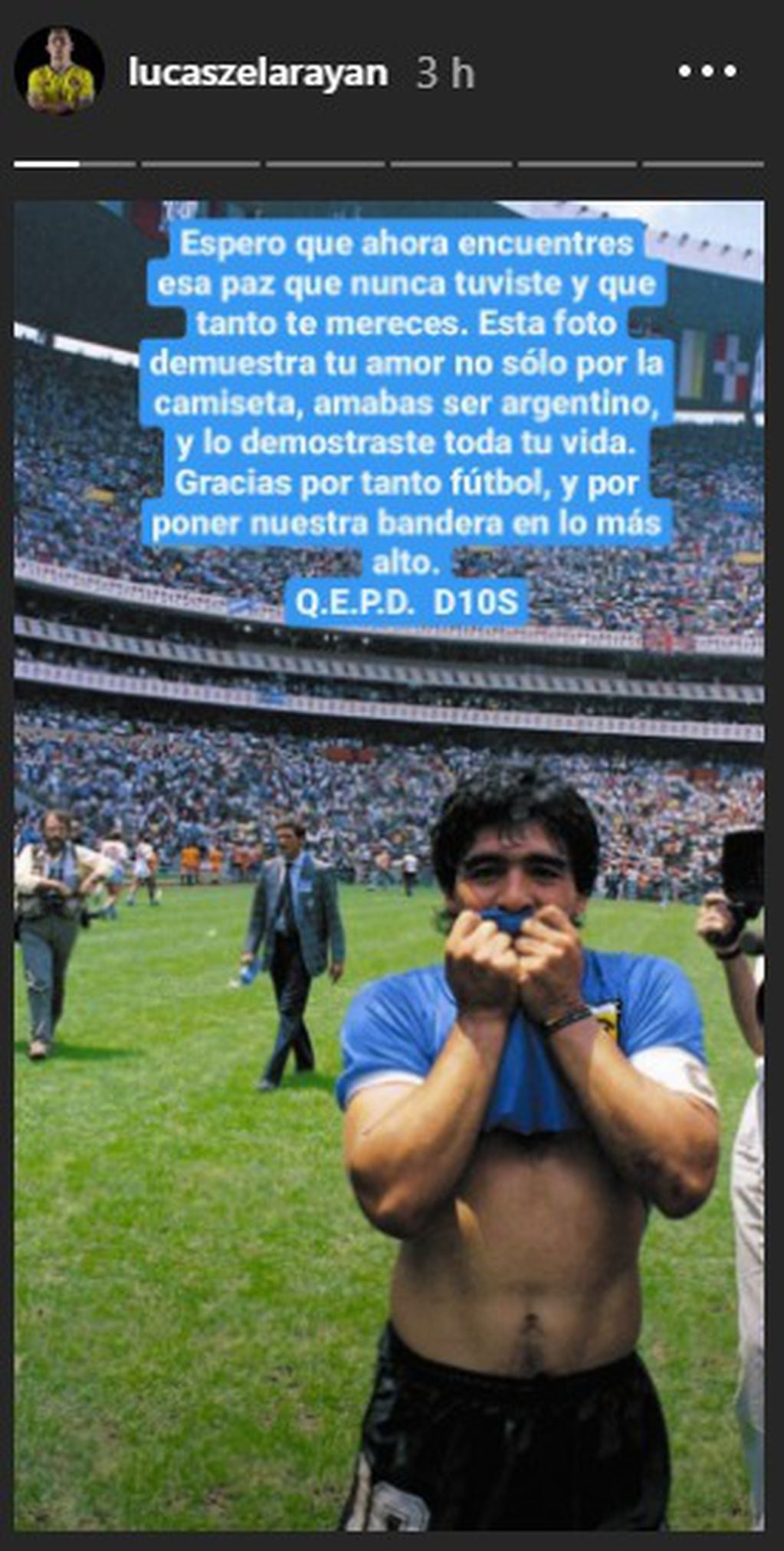 Lucas Zelarayán escribió un emotivo mensaje en una serie de historias para Diego Maradona.