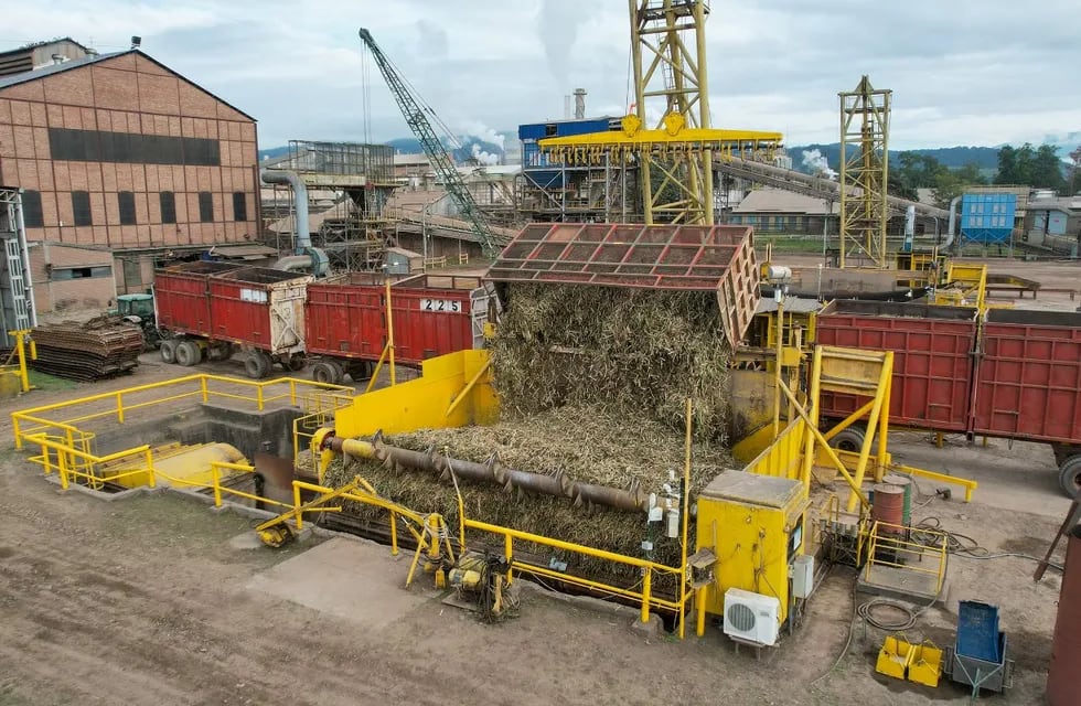 El primer cargamento de caña es volcado en el trapiche, para dejar simbólicamente iniciada la zafra 2023 del ingenio Ledesma.