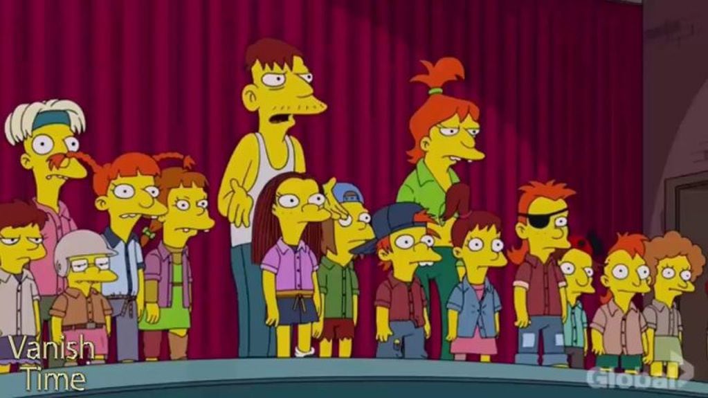 Los personajes de Los Simpson Cletus y Brandine, junto a todos sus hijos.