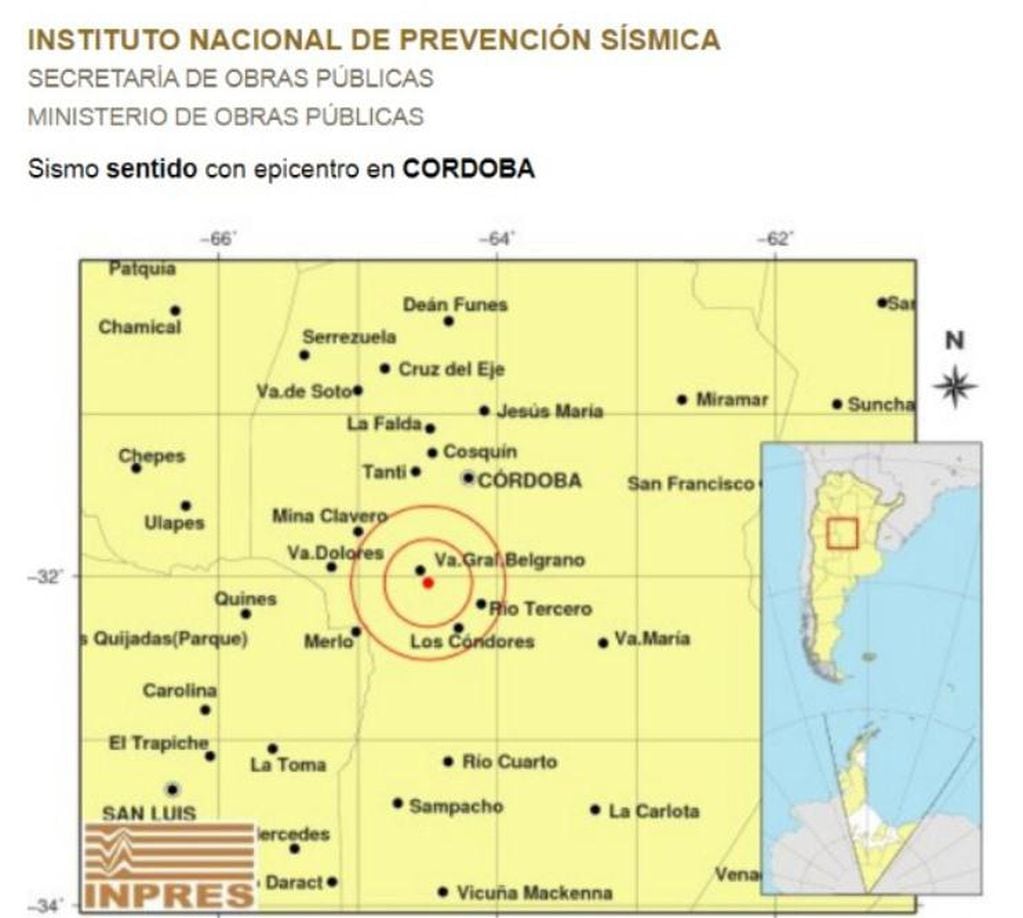 Datos del Inpress sobre el sismo en Valle de Calamuchita