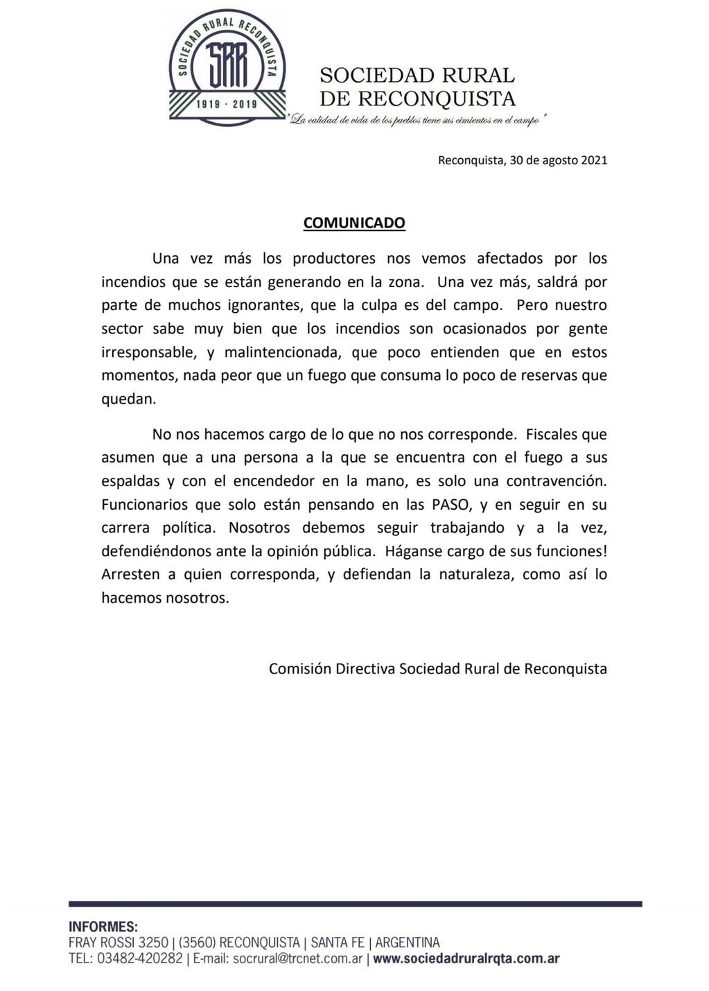 El comunicado emitido por la Sociedad Rural de Reconquista