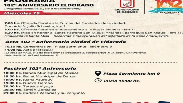 Esta semana finalizan las actividades por el 102° aniversario de la ciudad de Eldorado