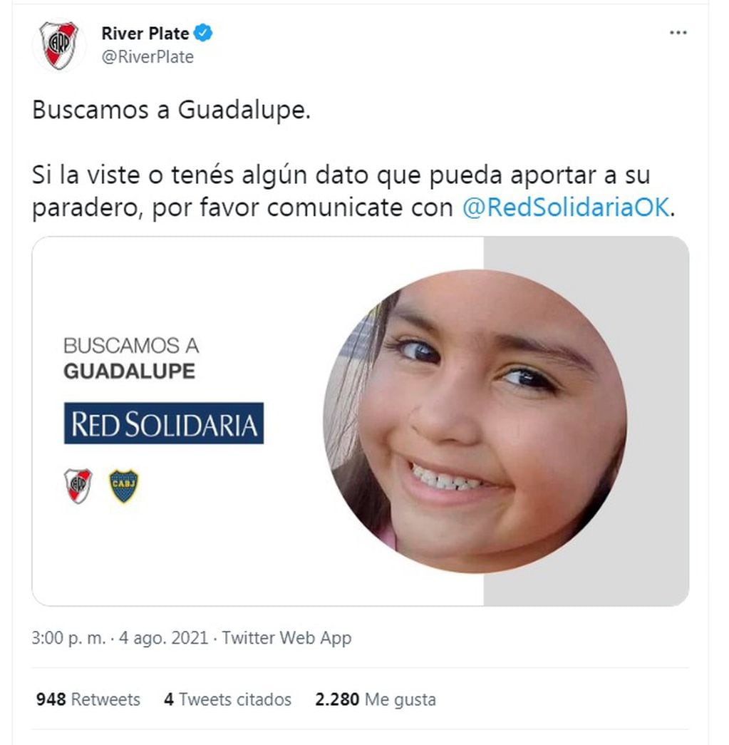 Con la imagen de Guadalupe River Plate también se unió a la búsqueda de la menor. Gentileza
