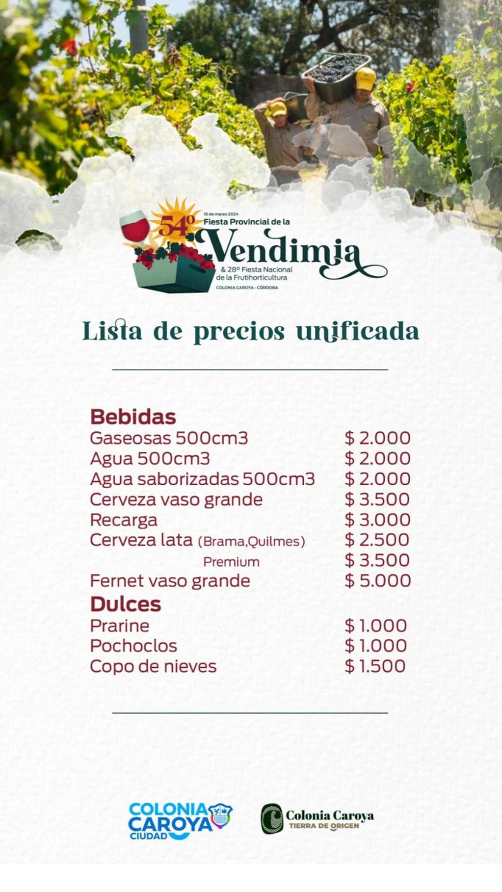 Lista de precios de bebida y dulces en Colonia Caroya.