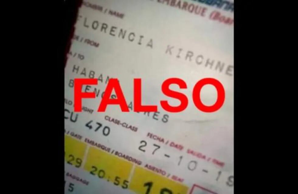 Es falso el pasaje de avión que muestra que Florencia Kirchner viajó a la Argentina el 27 de octubre último. (Reverso)