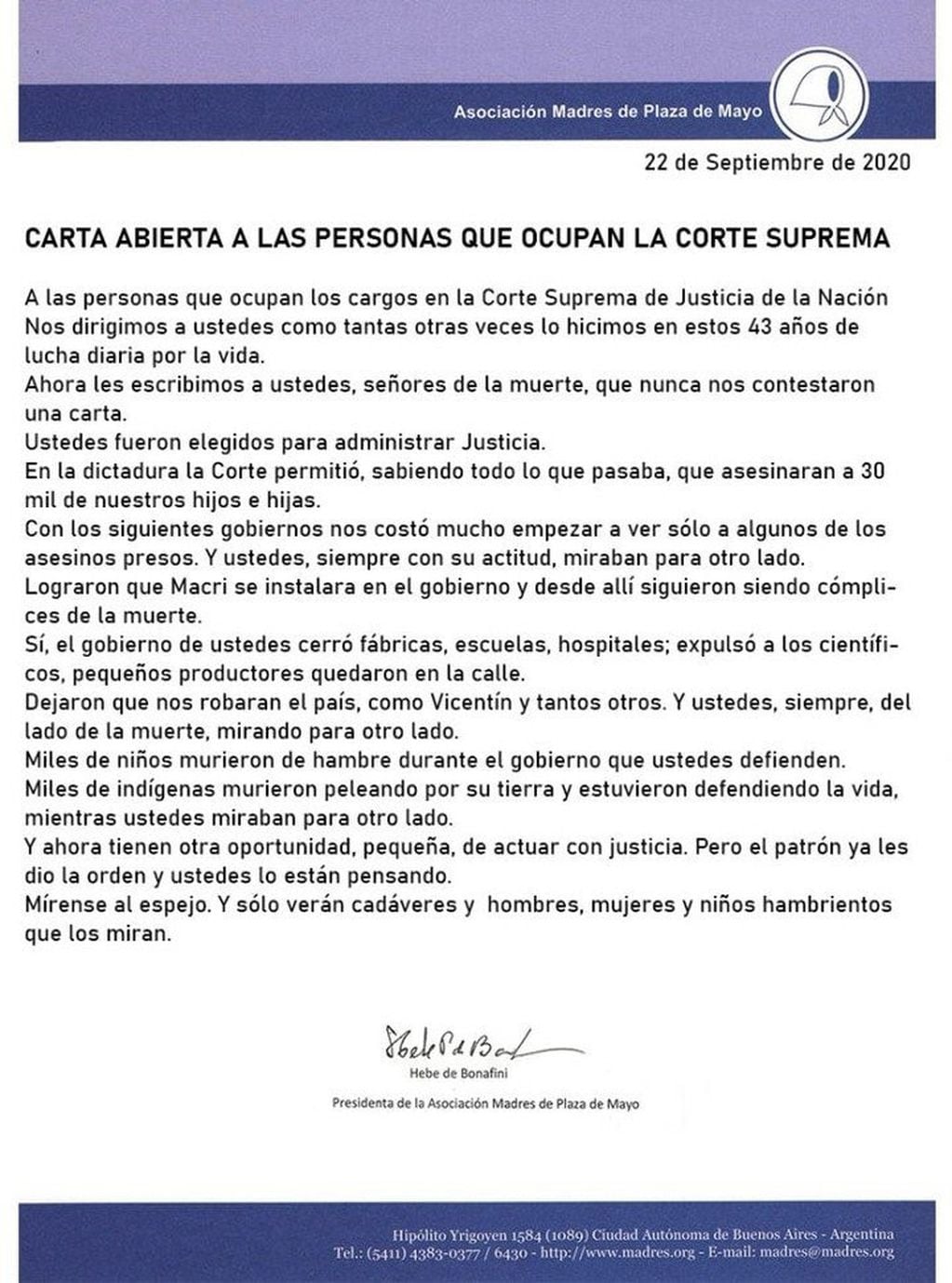 Madres de Plaza de Mayo publicó una dura carta a los jueces de la Corte.