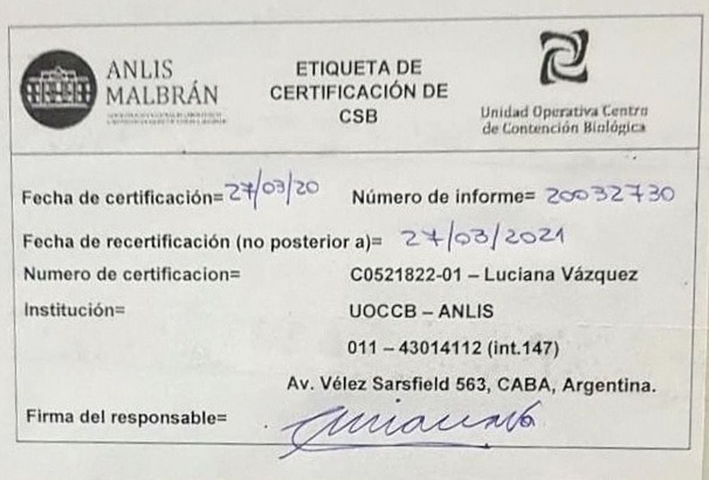 Certificación del Instituto Malbrán.