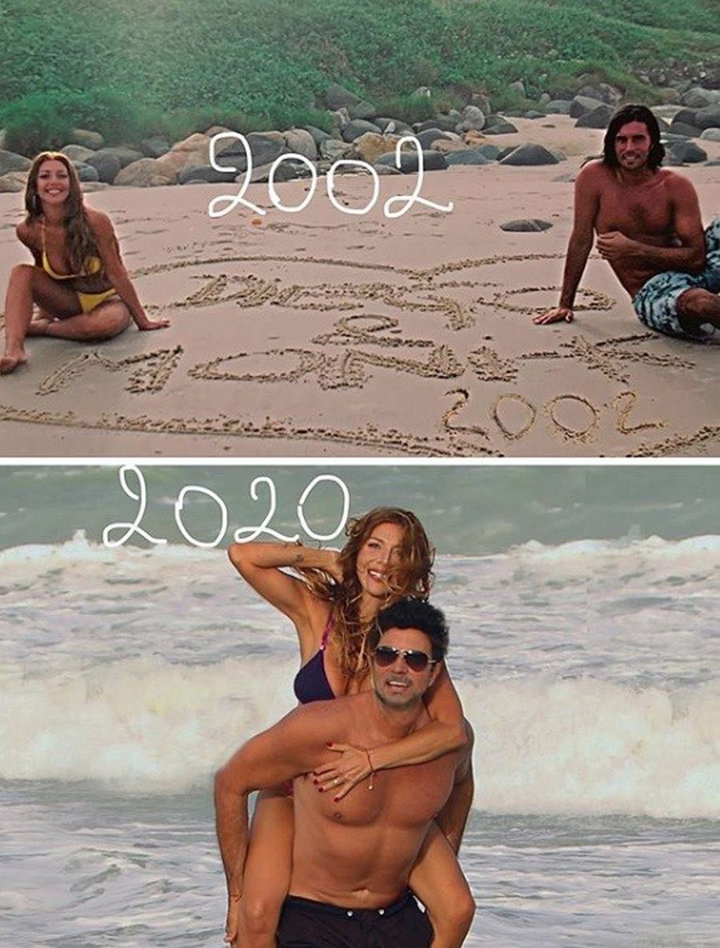 Mónica Ayos y Diego Olivera, 2002 vs. 2020. (Instagram)