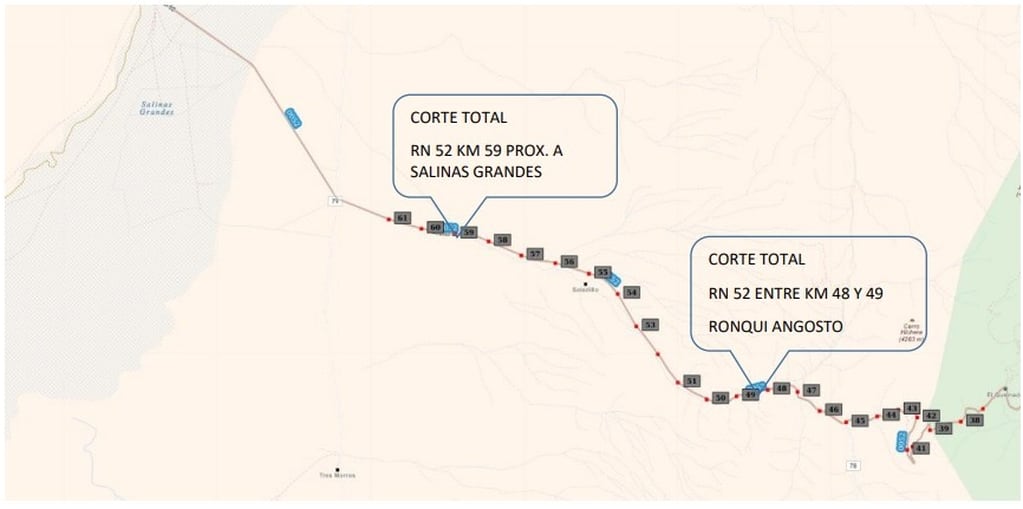 El mapa muestra los dos puntos de la RN52, en la provincia de Jujuy, que sufrieron cortes por efectos de las torrenciales lluvias de los últimos días.