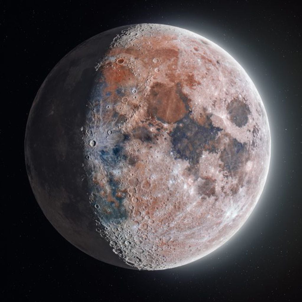 Las tonalidades rojas y azules que se pueden observar en la Luna tienen que ver con "hierro y feldespato oxidados por átomos de oxígeno errantes procedentes de la Tierra".