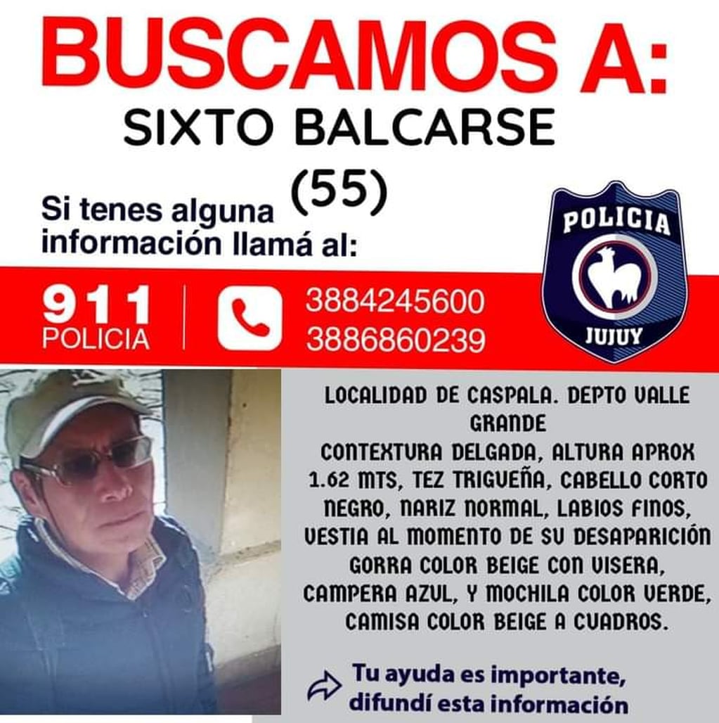 Una fotografía actualizada de Sixto Balcarce y la descripción de su apariencia, fue distribuida por la Policía de Jujuy.