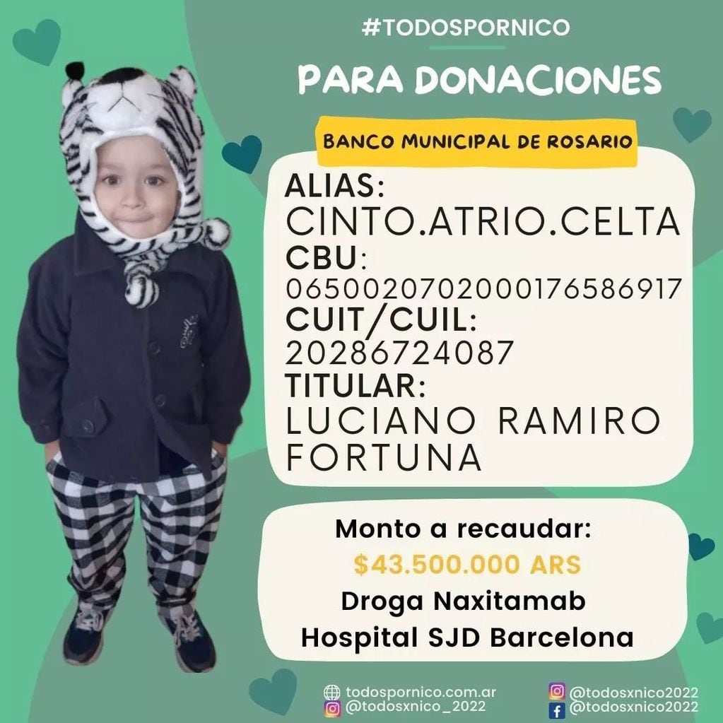 La familia tiene cuenta en el Banco Municipal de Rosario para recibir las donaciones.