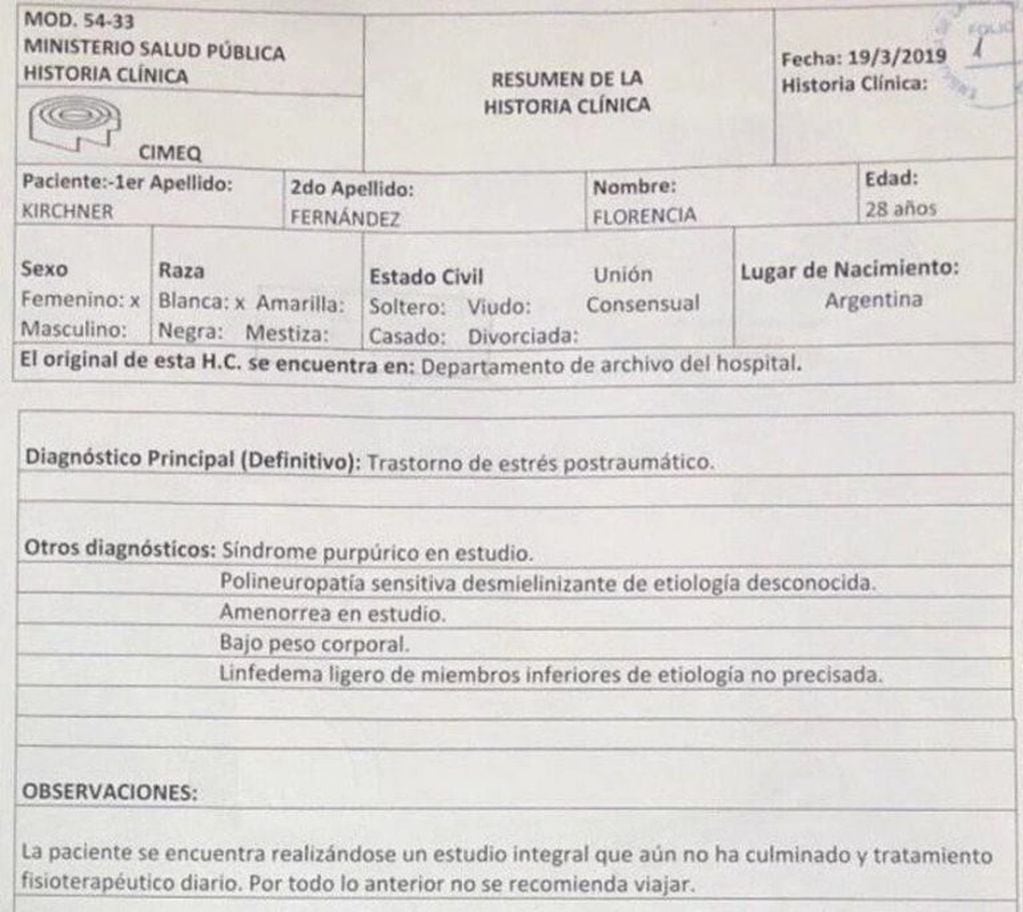 La historia clínica que presento CFK. (Twitter)