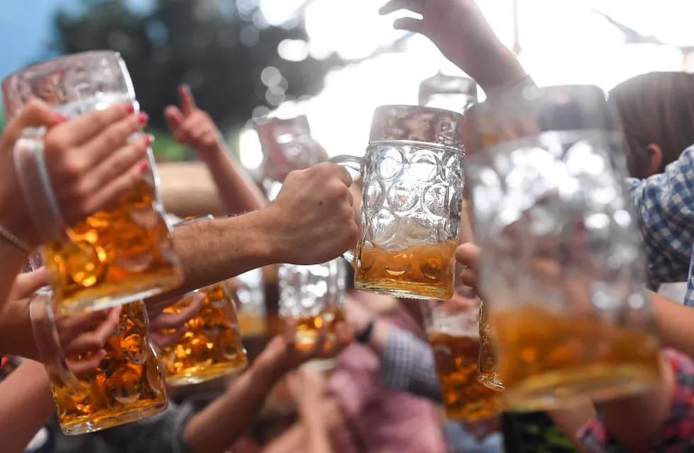 Visitors of the Oktoberfest beer festival clink their beer glasses on September 24, 2017 at the Theresienwiese fair grounds in Munich, southern Germany.\r\nThe World's largest beer festival takes place until October 3, 2017. / AFP PHOTO / dpa / Tobias Hase / Germany OUT alemania  festival Oktoberfest  de la cerveza tradicional festival de las cervezas chop de cerveza chops