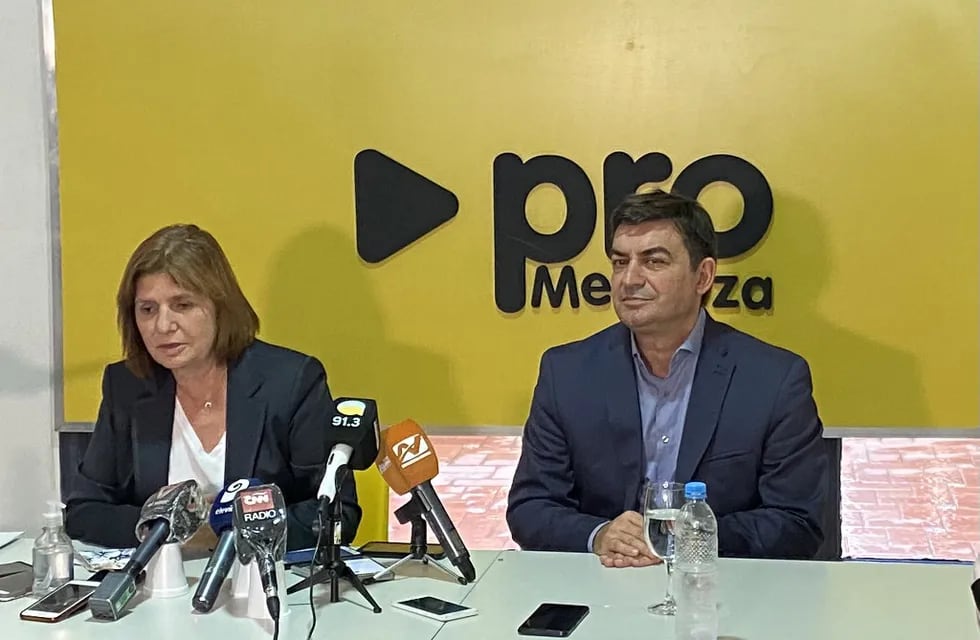La presidenta del PRO Patricia Bullrich habló en conferencia de prensa junto al presidente del PRO mendocino, Omar de Marchi.