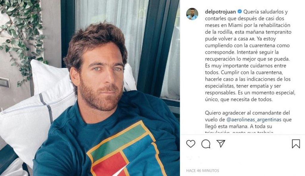 La selfie que subió el tenista anunciando su regreso al país y el inicio de su cuarentena. (Instagram/@delpotrojuan)