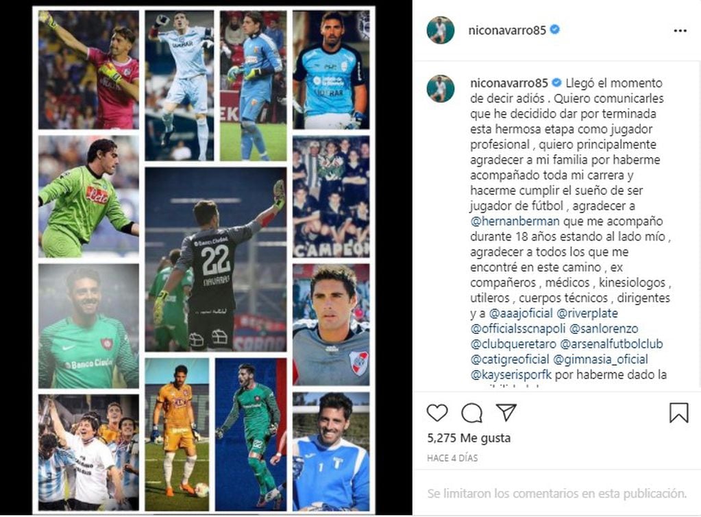 El posteo de Nicolás Navarro en Instagram anunciando su retiro del fútbol.