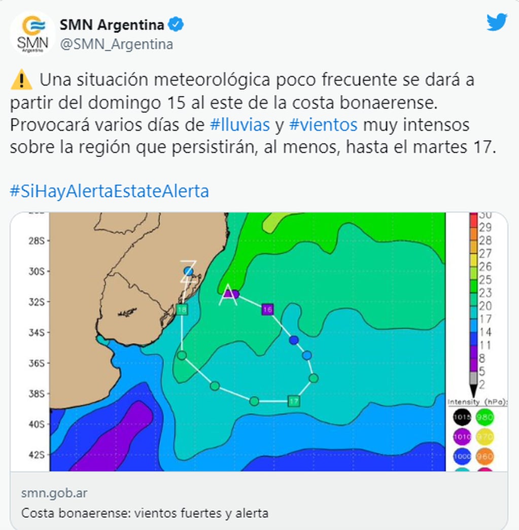 El SMN alertó a la costa bonaerense de una "ciclón extratropical" y "poco frecuente".
