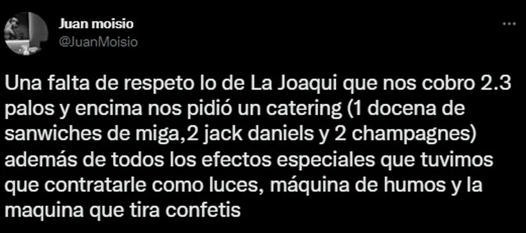 El tuit con el que Juan Moisio comenzó su escrache a La Joaqui.