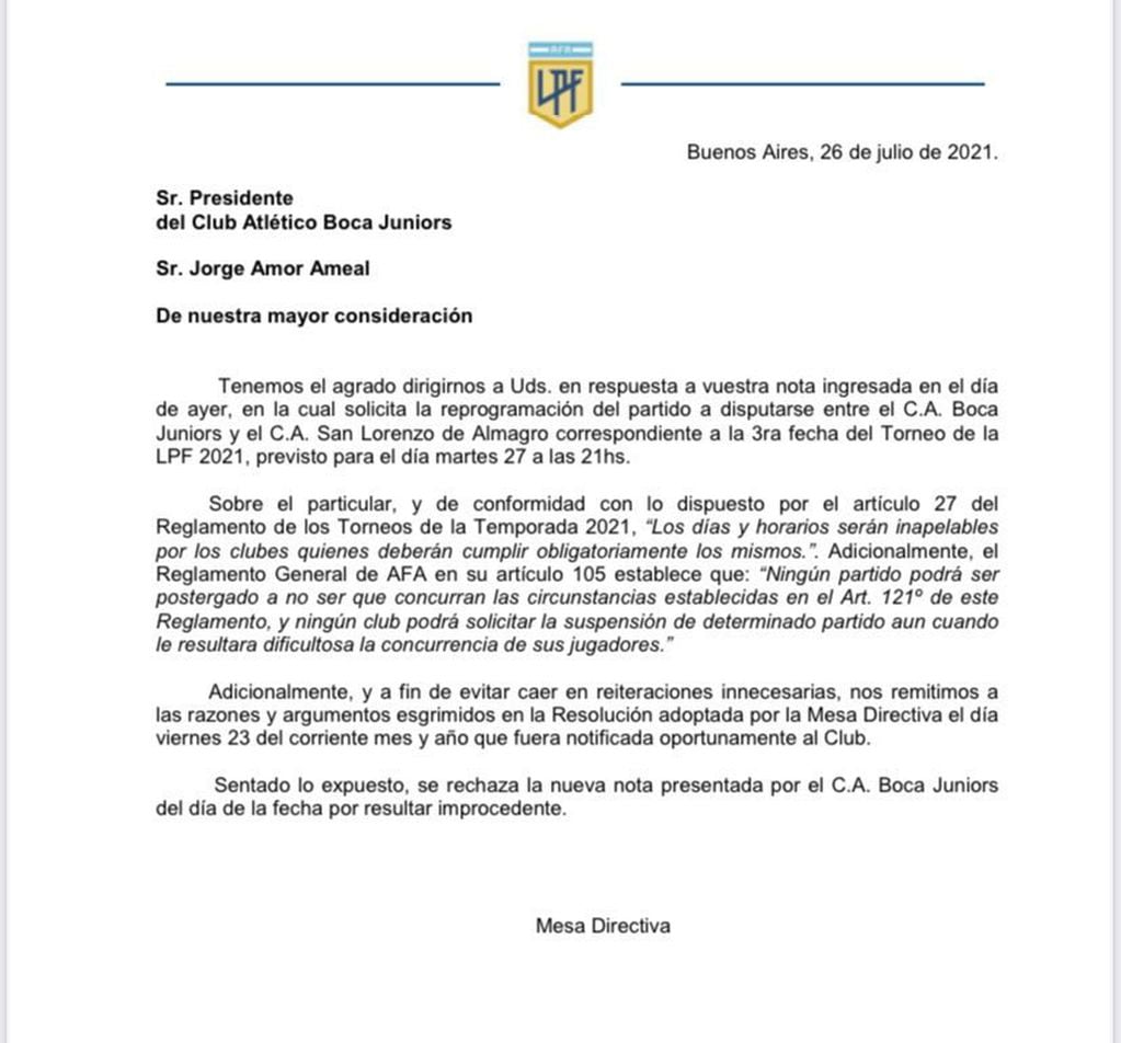 Comunicado de la Liga Profesional sobre el partido de Boca y San Lorenzo.