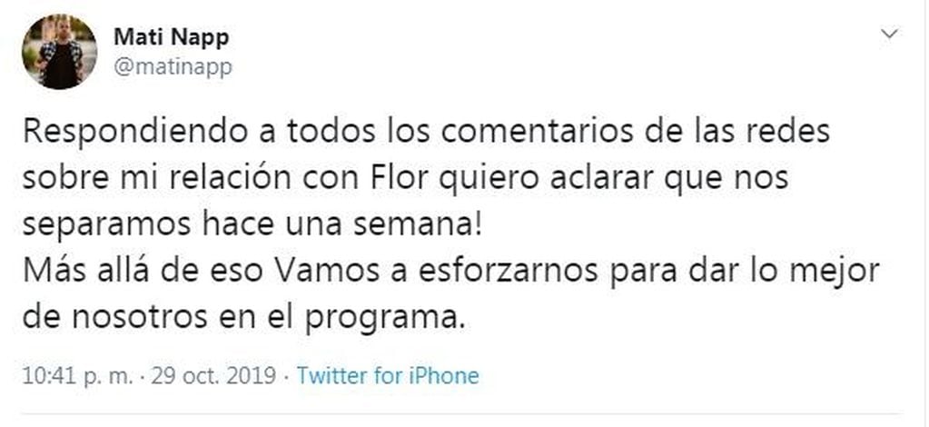 El tuit de Mati Napp mediante el cual confirmó su separación de Flor Vigna.