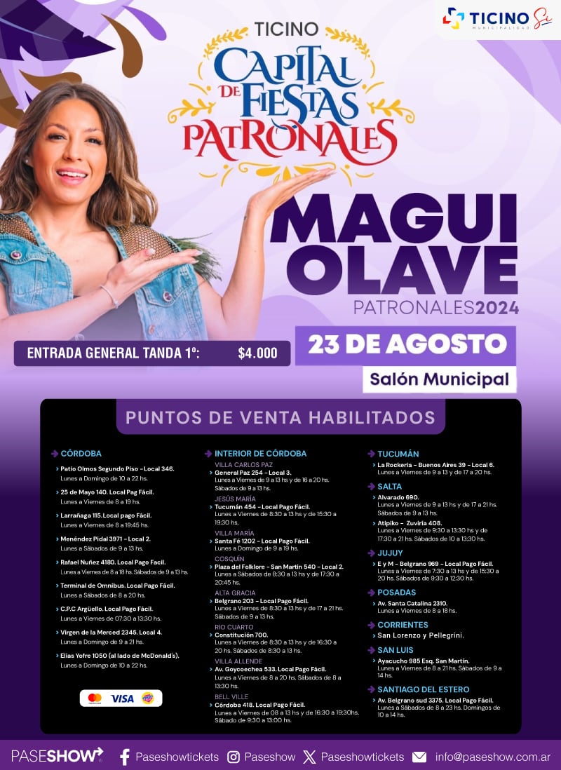 Los puntos de venta habilitados para la fiesta patronal con el show de Magui Olave en Ticino, Córdoba.