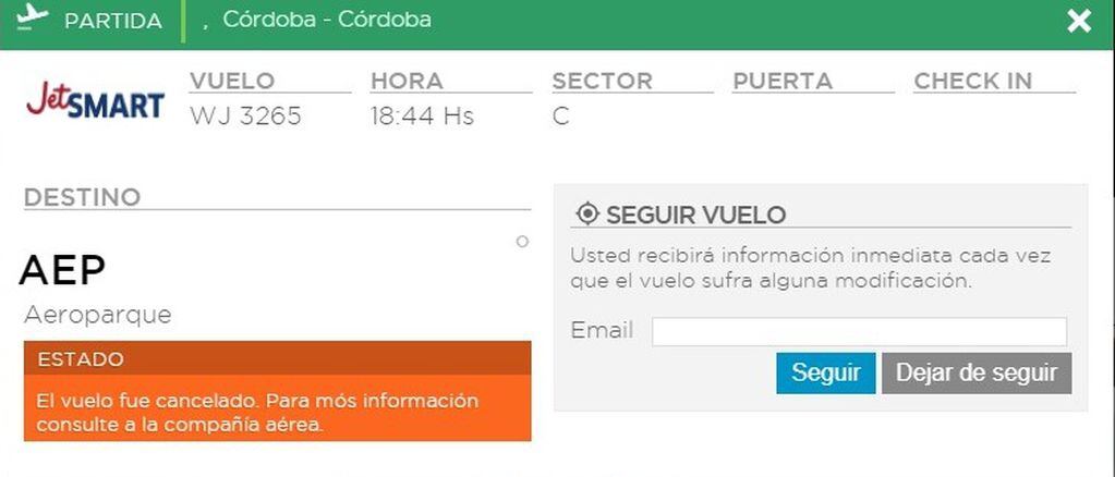 JetSmart. Cancelaciones en vuelos desde y hacía Córdoba.