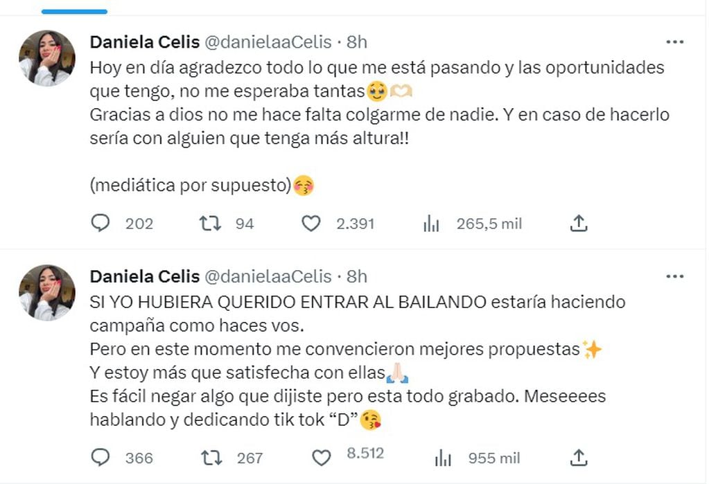 Daniela Celis cruzó a Coti Romero en Twitter. (Captura de pantalla).