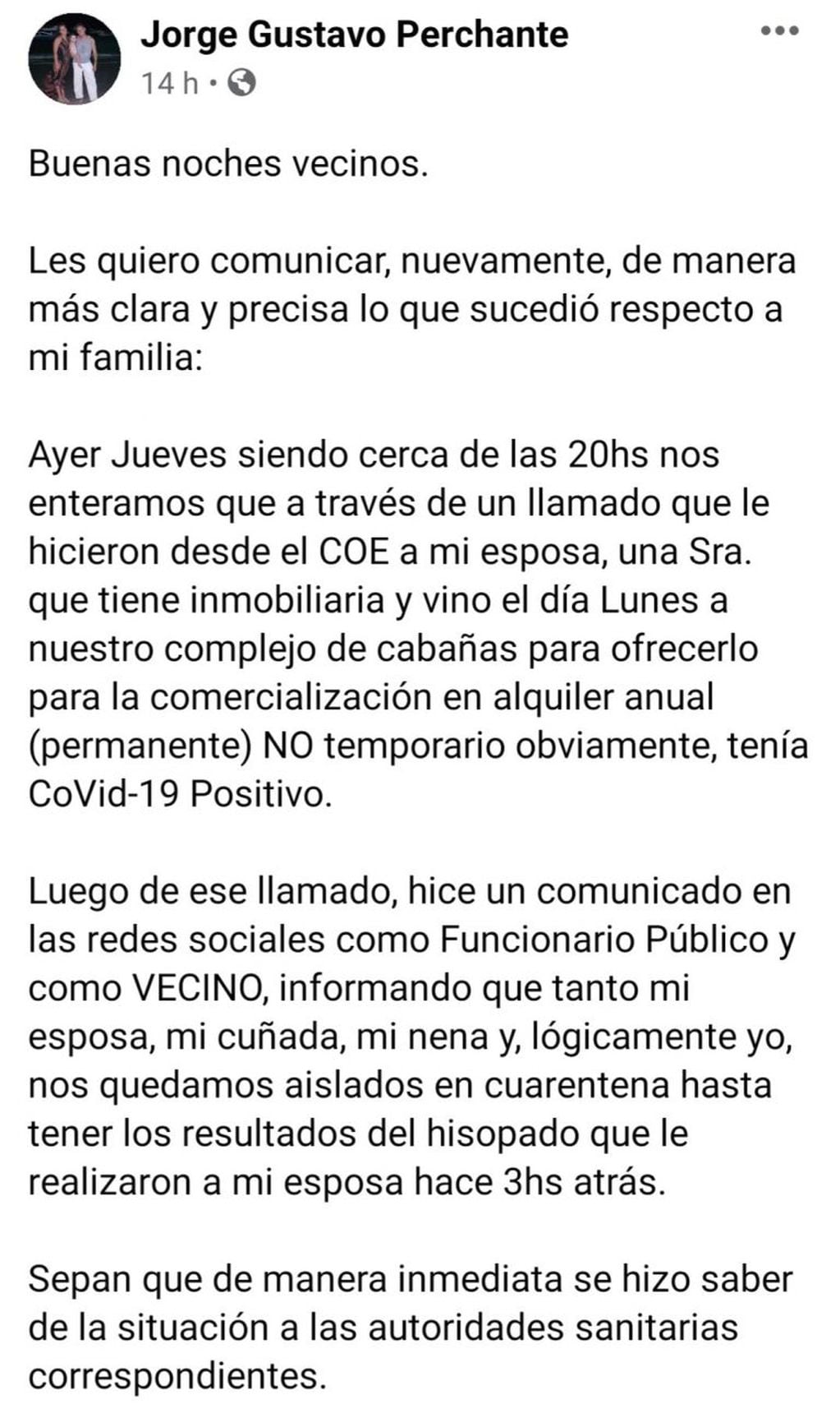 Mensaje difundido por el funcionario comunal, Jorge Perchante. (Foto: captura / Facebook).