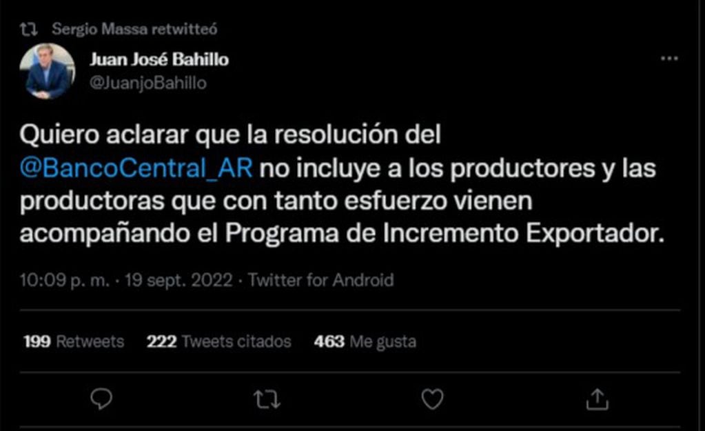 Juan José Bahillo aclaró que la medida impulsada por el Banco Central no era para productores, sino para empresas.