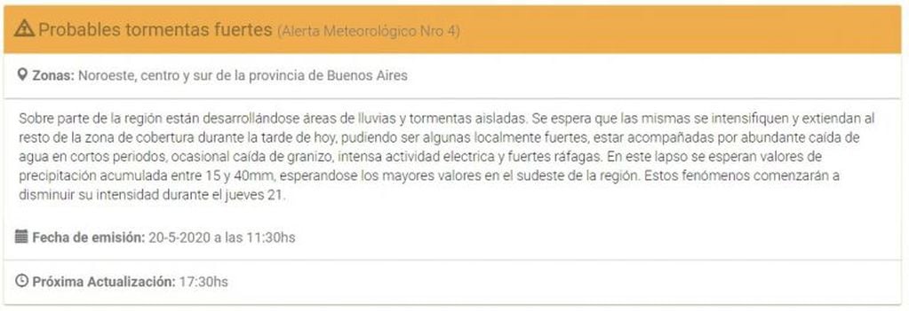 Alerta para Mar del Plata y la Zona (Imagen: Sitio web SMN)