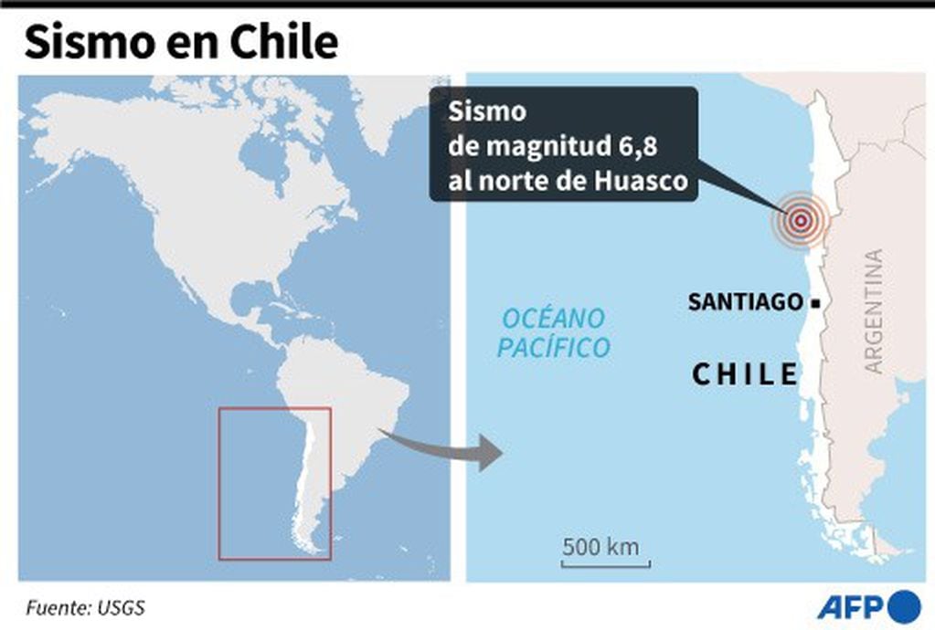 Mapa de Chile localizando el epicentro de un sismo de magnitud 6,8 registrado en la madrugada del martes - AFP / AFP / AFP