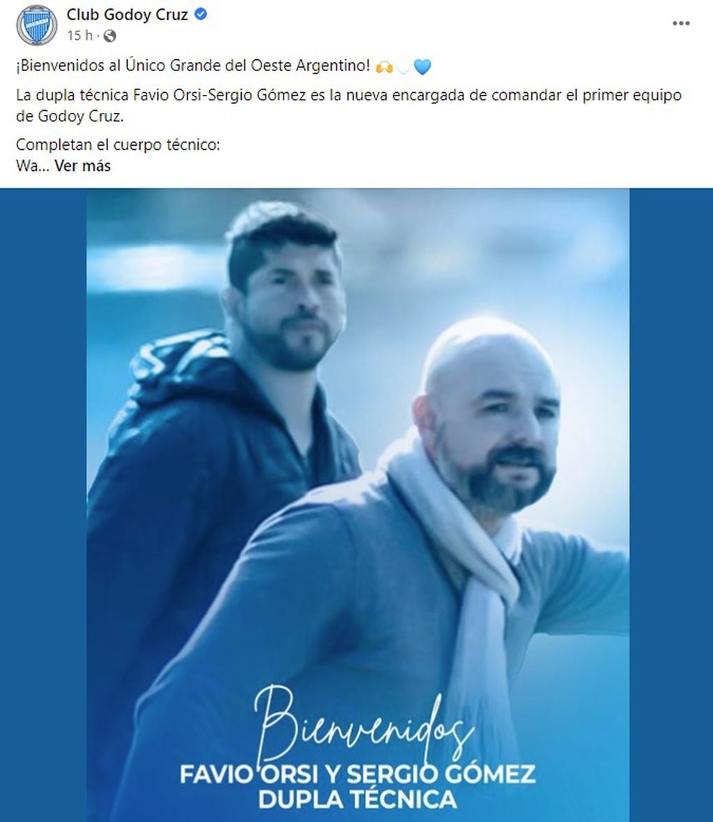 La dupla de técnicos, Favio Orsi y Sergio Gómez fueron anunciados por Godoy cruz en las redes sociales.