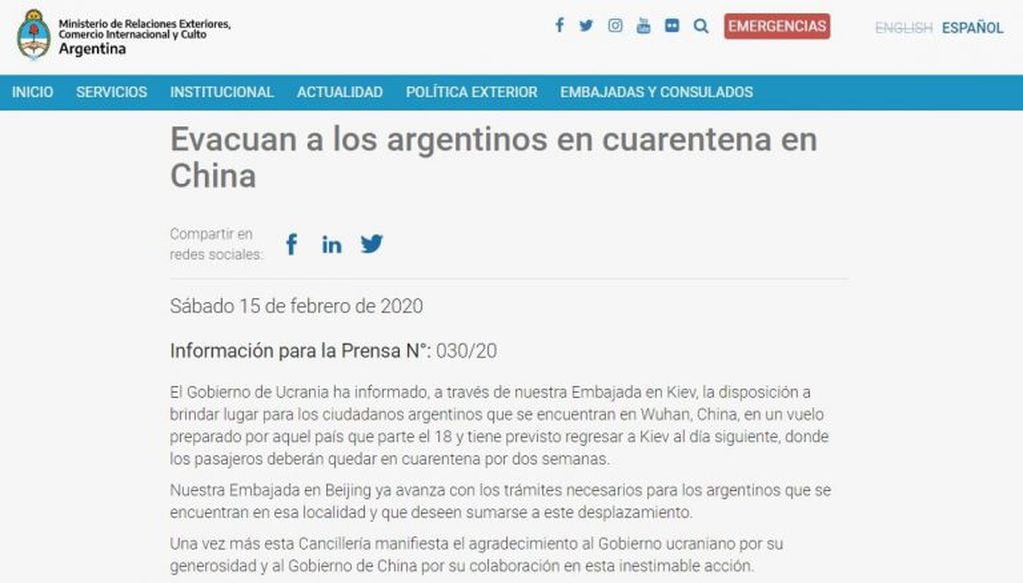Comunicado de Cancillería: evacuan a los argentinos en cuarentena en China