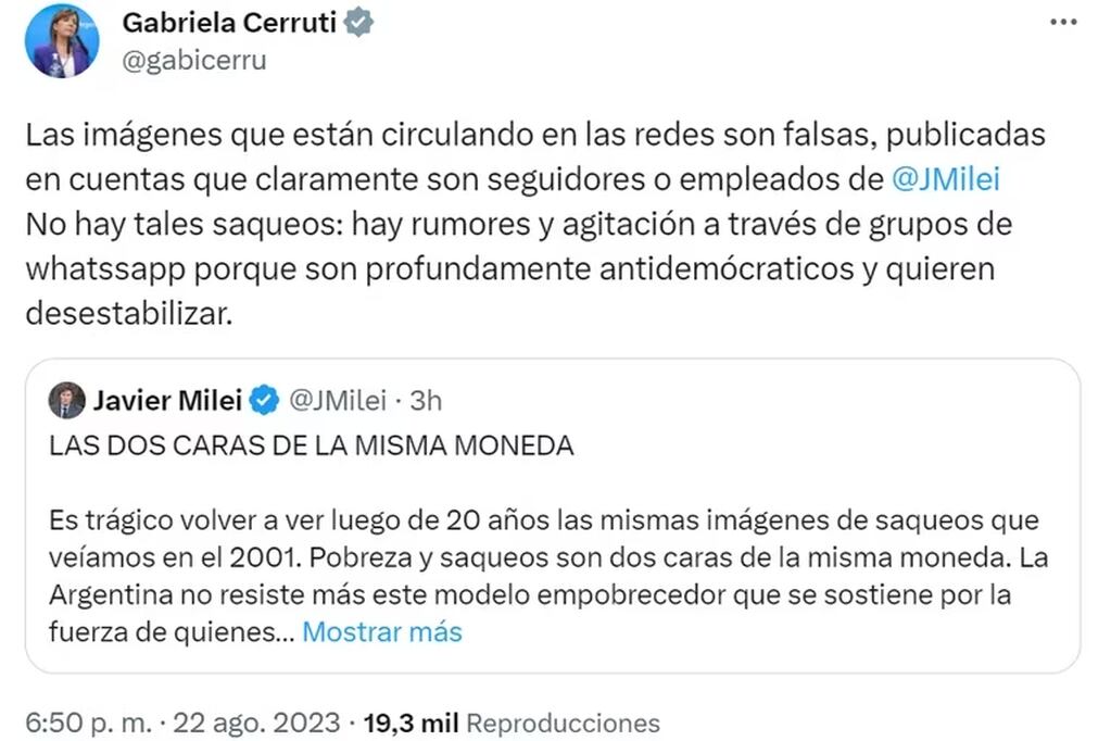 El posteo de Gabriela Cerutti apuntando contra Javier Milei. (Captura / Twitter)