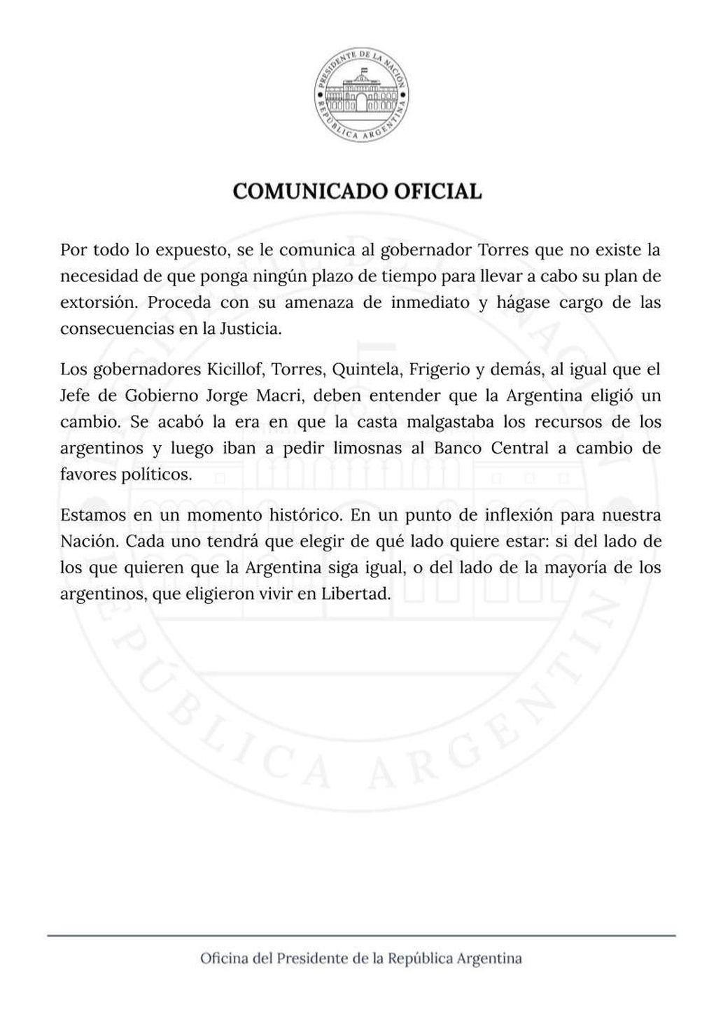 El durísimo comunicado de Javier Milei contra el chubutense Ignacio Torres por el reclamo de los fondos coparticipables y la puja por el petróleo.