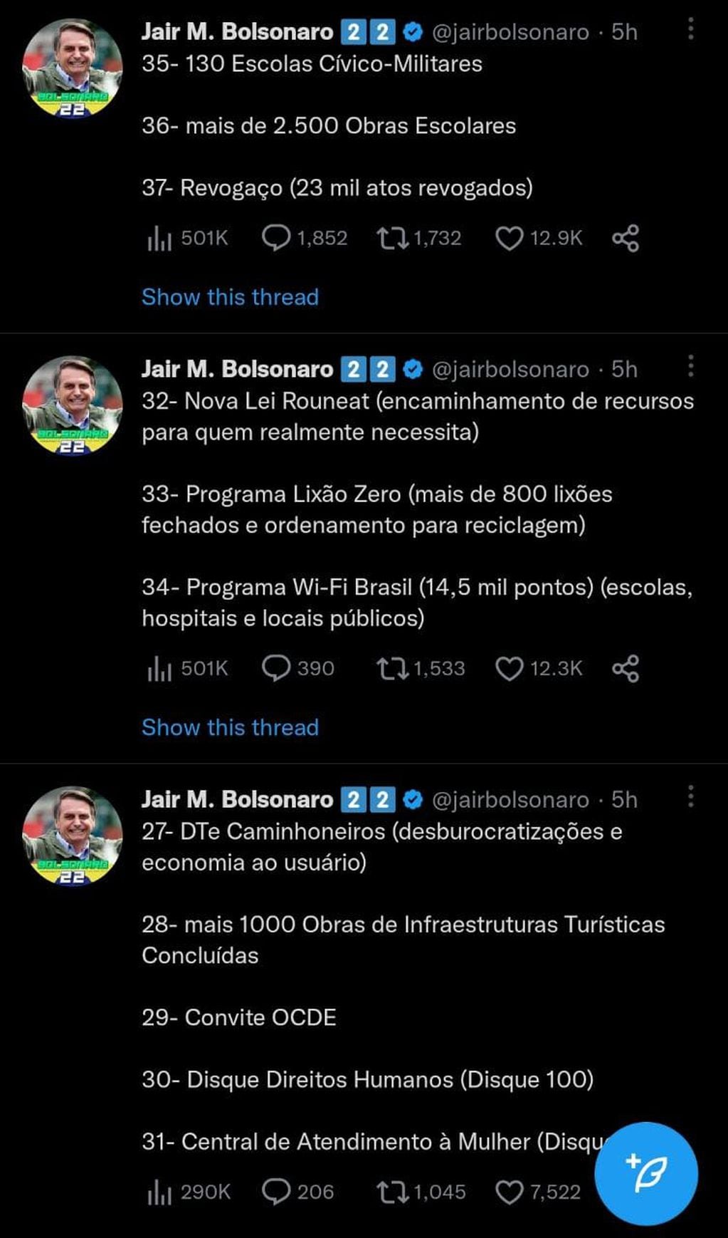 Los tuits Bolsonaro antes de su internación.