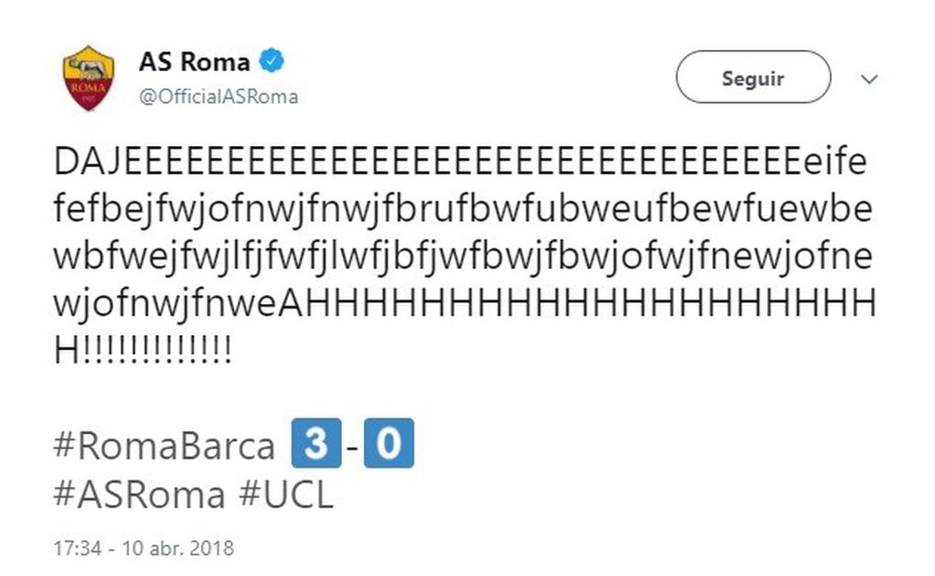El tuit de la Roma tras eliminar al Barcelona. (Foto: Captura de Twitter)