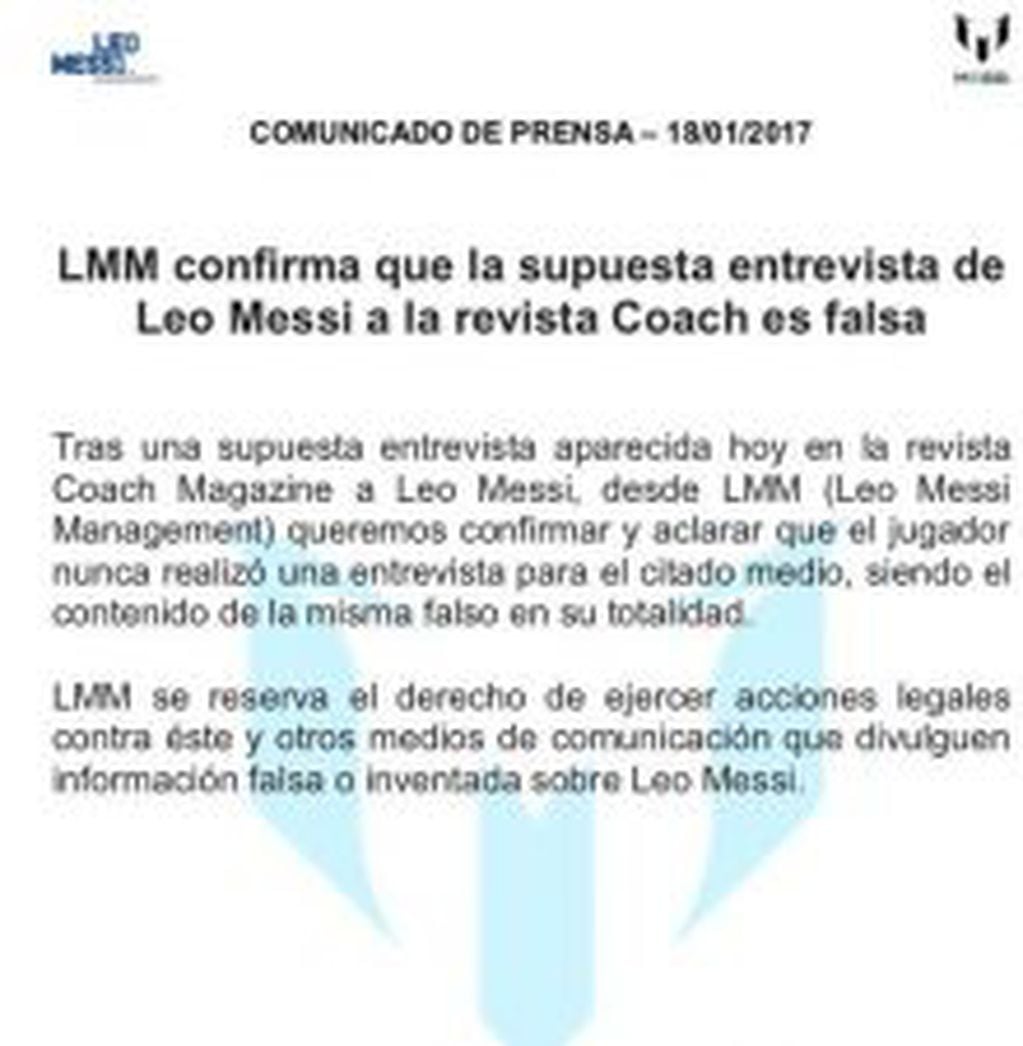Comunicado de Leo Messi Management.