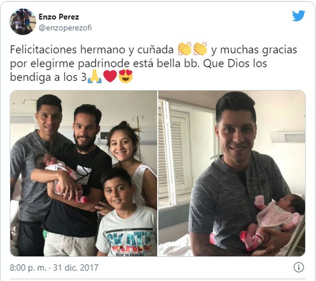 Enzo Pérez y una felicidad en su vida, padrino de una de las hijas de su hermano Franco.