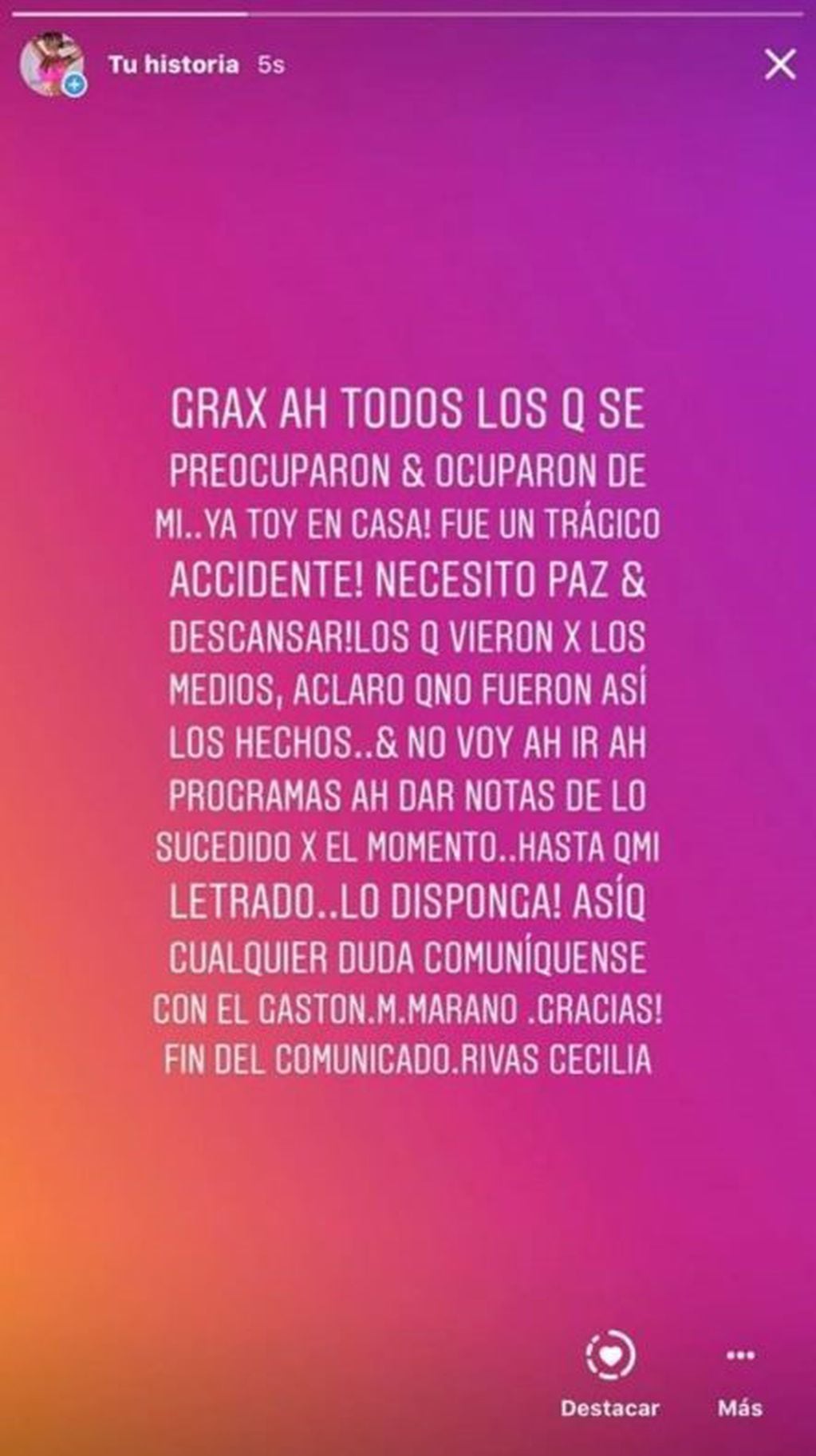 El mensaje de Cecilia Rivas en Instagram.