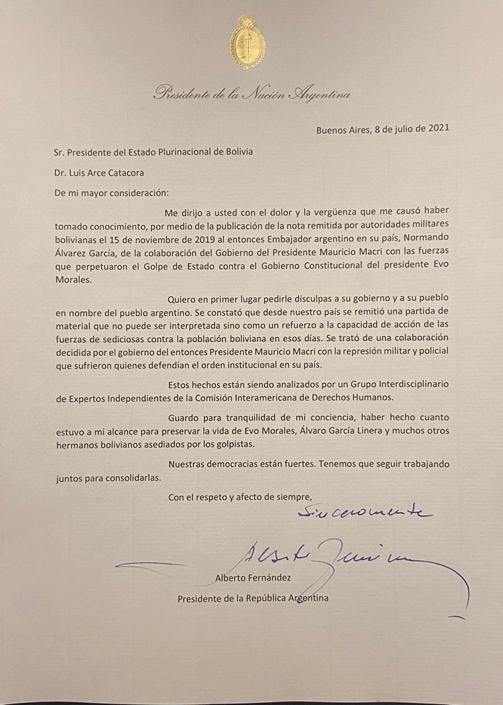 La carta de Alberto Fernández a Luis Arce.