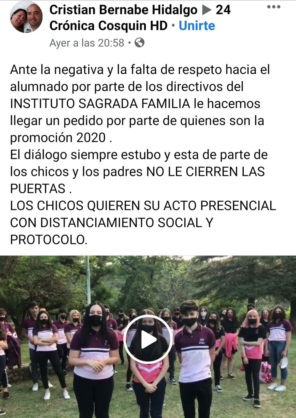 Alumnos del Instituto Sagrada Familia de Cosquín, piden tener su acto de colación "presencial".
