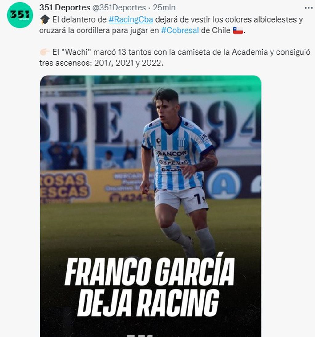 Franco García deja Racing y jugará en Chile.
